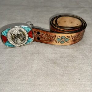 Lyntone Turquoise Dyed Tooled Leather Belt Size 32 Western Rodeo Equestrian